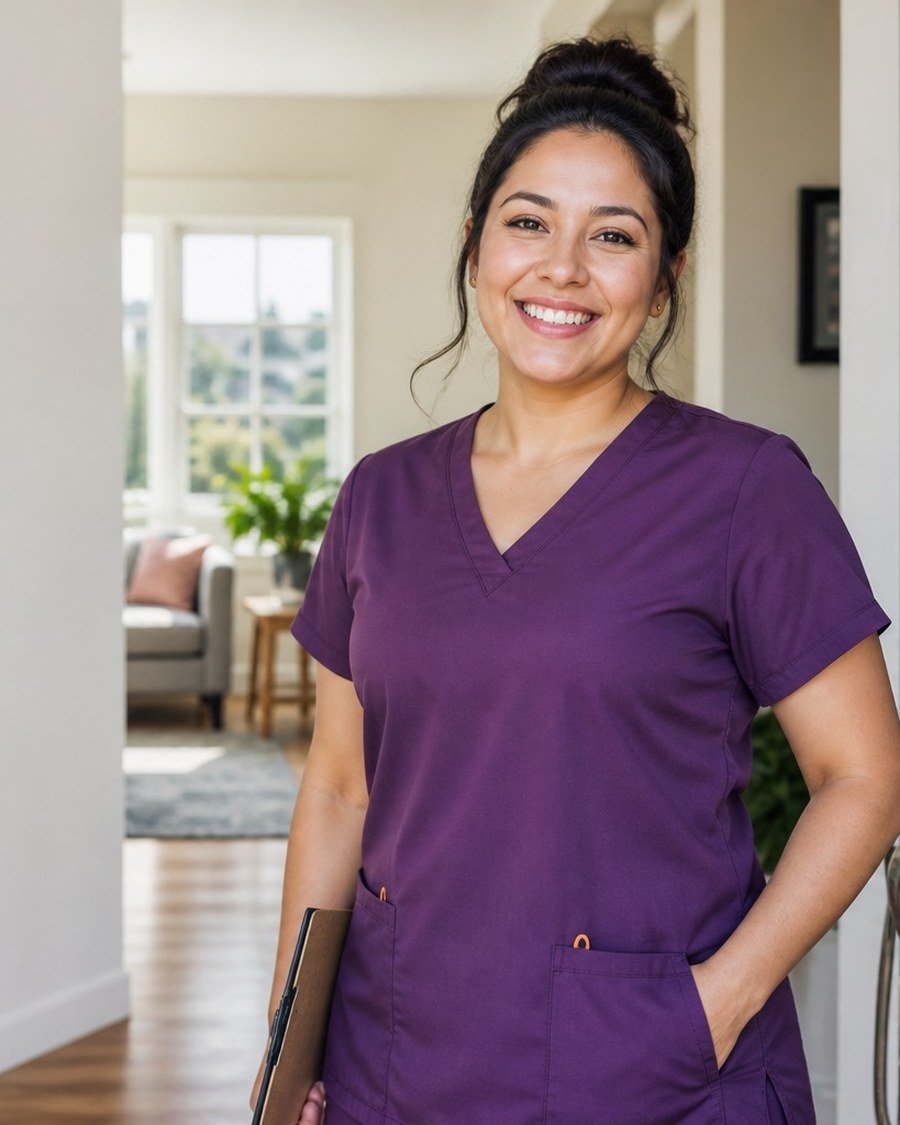 Una cuidadora de Cruz Home Care sonriendo, lista para recibir a un nuevo cliente