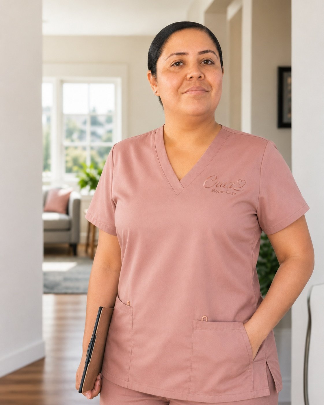 A Cruz Home Care caregiver with her hair up, wearing rose-gold scrubs in a welcoming home setting