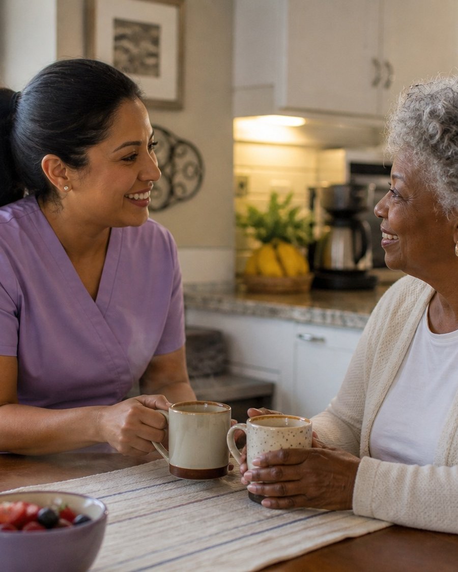 A caregiver sharing a warm morning coffee with her client