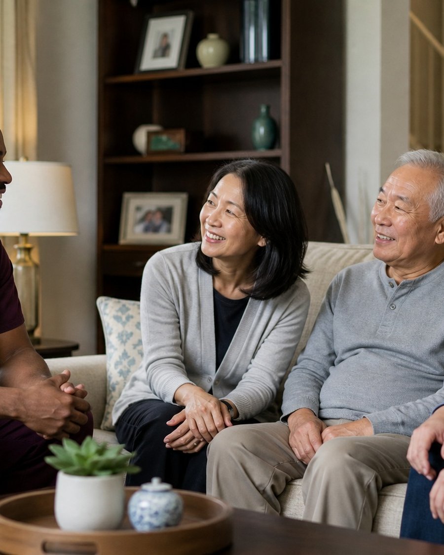 A caregiver getting to know a client's family in their living room